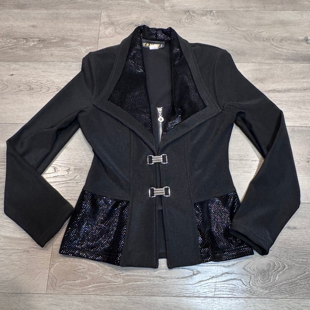 Taheri Womens Black Textured 90s Metallic Accent Buckle Zip Front Jacket Small S